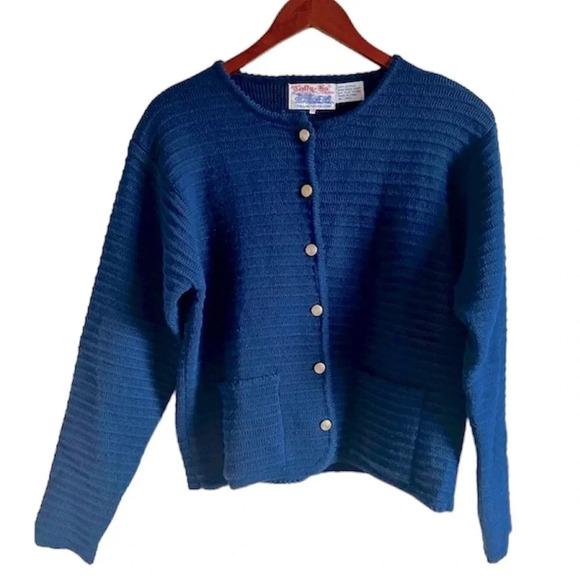 Tally Ho Vintage short cardigan sweater jacket blue w/ brass buttons, size M - Picture 1 of 7